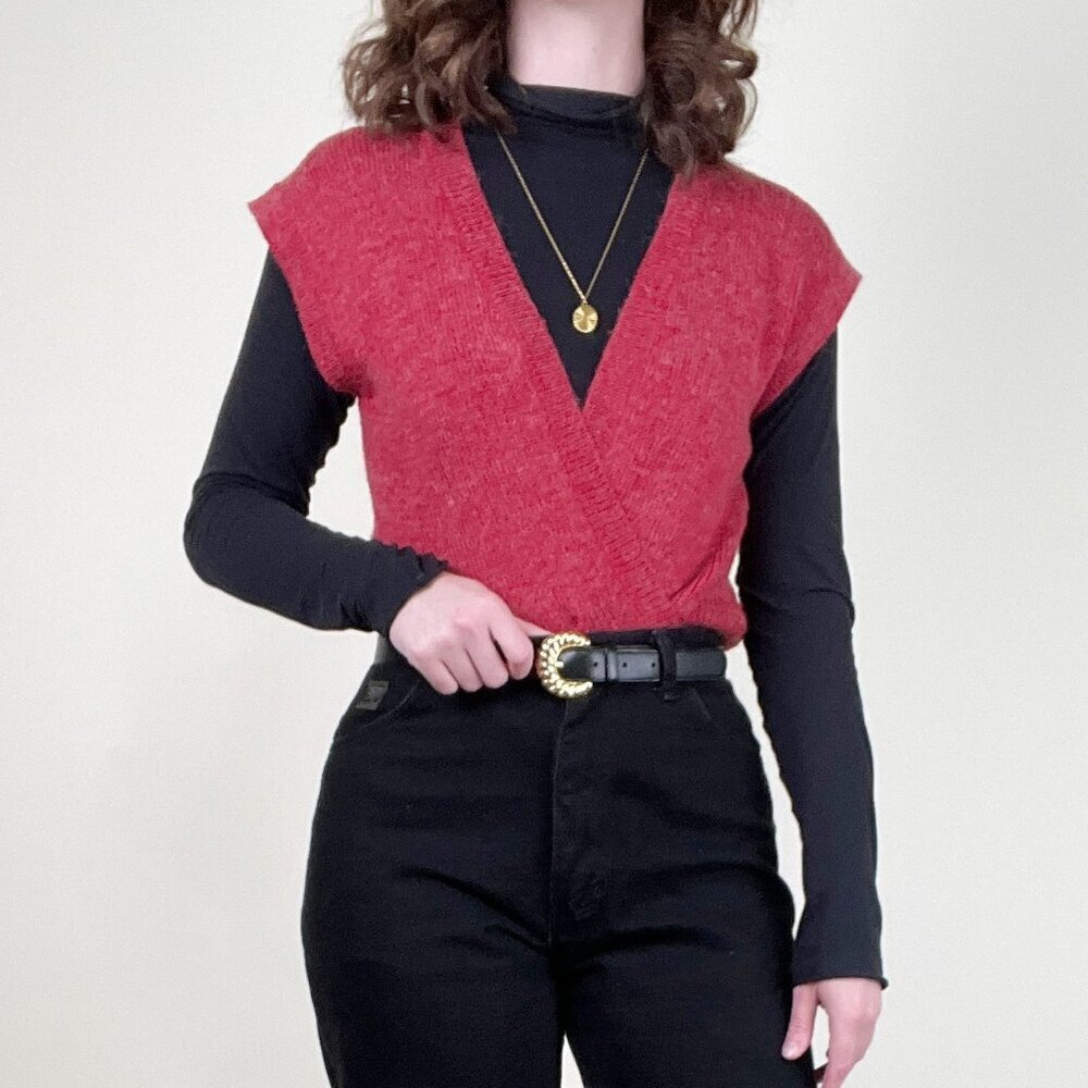 Vintage French Knit Sweater Vest Wool Open Front Wrap Parisian Cardigan 80s 90s